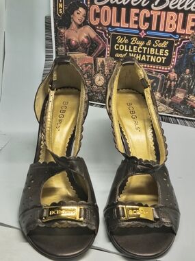 BCBGirls Peep Toe Ankle Strap Heels Women’s Brown Gold Scallop Dress Shoes